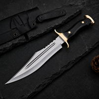 OEM Service Nieuw handgesmeed Damascus staal Rambo Bowie mes met messing beschermkap, houten & hoornen handvat, leren schede, outdoor Bowie mes