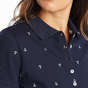 Polo à manches courtes bleu marine pour femme avec broderie d'ancre blanche, style preppy, coupe classique, tissu en coton Oxford - Product Image 3