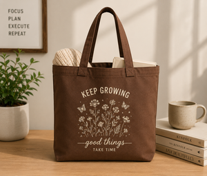 Keep Growing <b>Canvas</b> <b>Tote</b> Bag 35cm x 25cm Magnetic Snap Closure Brown Printing Design for Daily Use Shopping - Product Image 1