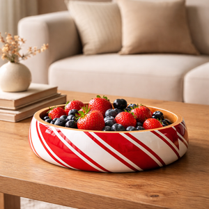 Tazón redondo de madera de mango tallado a mano, ecológico, con impresión personalizada en rojo brillante natural y esmalte, para servir ensalada, dulces, para el hogar y la cocina. - Product Image 2