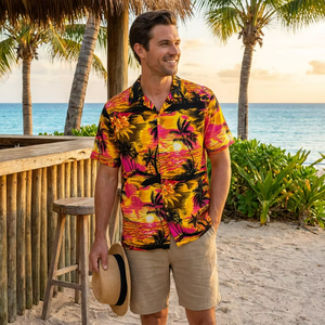 เสื้อเชิ้ตฮาวายชาย แขนสั้น ผ้าซาติน ยับยาก สไตล์ลำลอง พิมพ์โลโก้ได้ ใส่ได้ทั้งฤดูใบไม้ผลิและฤดูร้อน เหมาะสำหรับวันหยุดพักผ่อนริมชายหาด - Product Image 1