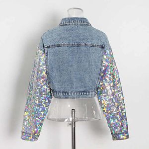 High Quality Women Clothing Fashion Washed Crop Denim <b>Jackets</b> <b>Sequins</b> Blue Denim <b>Jacket</b> Top Product - Product Image 3