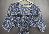 Robe kimono décontractée pour femme, artisanale, écologique, en coton 100% bleu indigo, imprimé au bloc Sanganeri, élégante, à fleurs, col en V, manches 3/4