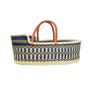 Factory modern blue and gold geometric high <b>wall</b> seagrass changing <b>basket</b> paired with rattan changing kid <b>basket</b> and straps - Product Image 1