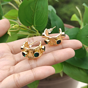 Custom Design Round Cut Black Onyx Apatite Quartz Gemstone Hoops 18k Gold Plated Texture Hoop Brass <b>Earring</b> For Women Jewelry - Product Image 3