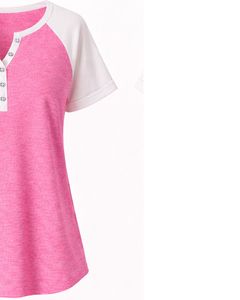 สีชมพูสีขาวเสื้อยืดผู้หญิงแขนสั้นเฮนลีย์ เนค แร็กแลนเสื้อยืดผ้าฝ้ายนุ่มสบายฤดูร้อนสวมใส่สบายทุกวันมีสไตล์สำหรับสุภาพสตรี - Product Image 3
