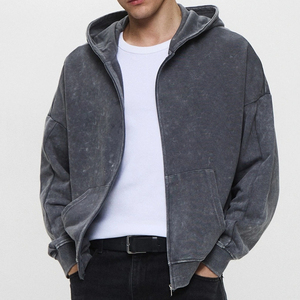 OEM ODM Acid Wash Mens <b>Full</b> <b>Zip</b> <b>Hoodie</b> 100% Cotton Soft Fleece Hooded Sweatshirt Casual Streetwear Custom Logo Wholesale Factory - Product Image 3