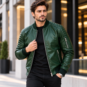 Chaqueta Bomber de Cuero Verde para Hombre con Mangas Acolchadas y Cierres Metálicos - Product Image 5