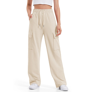 Pantalon de jogging cargo beige en coton et polyester pour adolescentes, taille élastiquée avec cordon de serrage, coupe large - Product Image 1