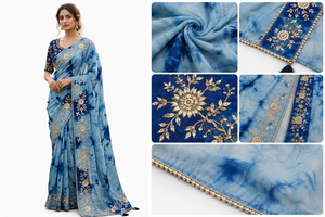 CHOHAN TEXTILE Sari en soie chiffon bleu tie-dye shibori avec broderie dorée, style vintage, longueur ras du sol, pour femme, tenue de soirée, tradition indienne - Product Image 6