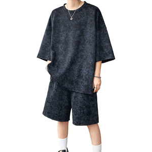 Ensemble décontracté d'été deux pièces - T-shirt à col rond en polyester/coton imprimé 3D à séchage rapide et short jaune assorti pour hommes et adolescents - Product Image 1