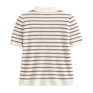 Camiseta Polo de Punto Calado a Rayas para Mujer, Manga Corta, Cierre de Botones, Estilo Casual de Verano, Transpirable, Texturizada, a la Moda - Product Image 2