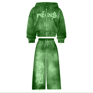 Acid Washed 3D Puff Printing Distressed Breathable Eco-Friendly Winter Solid Front Custom Stacked Flared Hooded <b>Tracksuit</b> Hoodie - Product Image 4
