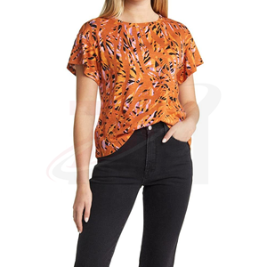 Camiseta Casual de Mujer, Manga Corta, Cuello Redondo, Ajustada, 100% Algodón Tejido, Color Naranja, para Primavera/Verano - Product Image 1