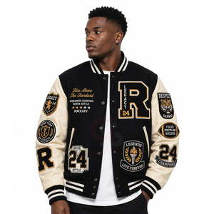 Chaqueta universitaria personalizada con cuerpo de lana, mangas de cuero genuino, parches bordados en chenilla, estilo HBCU, chaqueta bomber Letterman para hombre. - Product Image 1