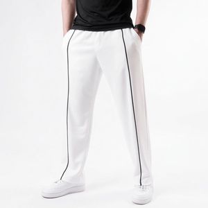 <b>Men's</b> <b>White</b> Track Pants Elastic Waist Side Stripe Casual Breathable Lightweight Summer Wear - Product Image 1