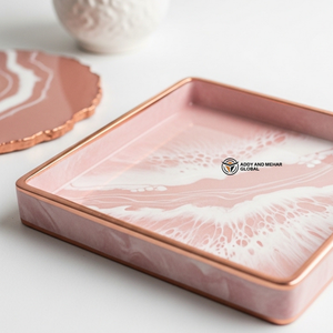 Plateau effet marbre rose design avec bordure dorée métallique |   Plateau de décoration moderne - Product Image 3