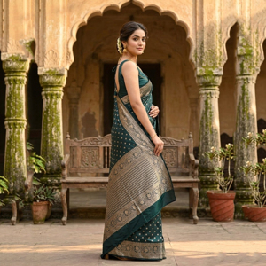 Sari en soie Banarasi vert foncé royal avec broderie Zari or antique |   Sari de mariée traditionnel indien pour fête de mariage, sans plis - Product Image 2