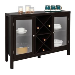 Mobile ingresso FCH marrone con doppia anta trasparente e portabottiglie a X, credenza - Product Image 1