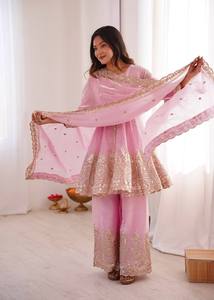 Luxury Pure Soft Silk Embroidered Kurti Plazzo Dupatta <b>Set</b> for Women – Heavy Sequence & Dori Work - Product Image 5