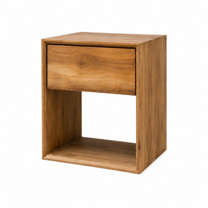 Mesa de Noche Rania de Madera de Teca Sólida, Estilo Contemporáneo Moderno Premium, con un Cajón y Estante Abierto, Mueble para el Hogar, para Dormitorio de Hotel - Product Image 2