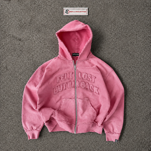 Sweat à capuche rose vintage délavé avec fermeture éclair, motif brodé « Feel Lost But Im Back », coupe oversize, style streetwear décontracté - Product Image 5