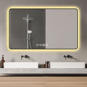 Specchio LED da Bagno di Alta Qualità 48x32 con Cornice Nera, Montaggio a Parete, Luce Tricolore, Funzione Antiappannamento, Display Temperatura, Angoli Arrotondati - Product Image 3