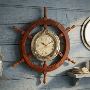 Horloge murale en bois à quartz, style hublot en laiton, décorative, vintage, nautique, maritime, pour la maison, le bureau, le salon - Product Image 4