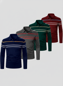High Quality Men's Contrast Stripe Long Sleeve Polo - Casual Button Collar Autumn Winter Top - Product Image 5