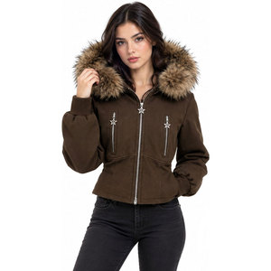 <b>Women's</b> Brown Hooded <b>Zip</b>-<b>Up</b> <b>Jacket</b> With Faux Fur Trim Winter Short Sleeve Lined Windproof Regular Fit Full Sleeve Hoodies - Product Image 2