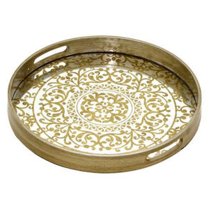 Plateau de service en bois perlé fait main en Inde avec poignée, forme ronde, pour la maison et les mariages, pour servir des aliments et des boissons - Product Image 3