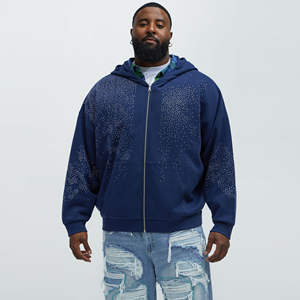 Sudadera con Capucha Oversize para Hombre, Estilo Vintage, Lavado Ácido, Diseño Desgastado, con Cremallera y Pedrería, 100% Algodón, Invierno - Product Image 1