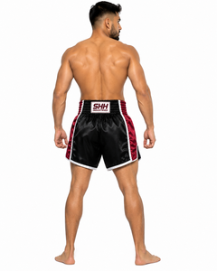 Custom Men's <b>Black</b> Burgundy Muay Thai Boxing Shorts Satin Side Panels White Piping Wide Elastic Waistband Kickboxing Training Fi - Product Image 5