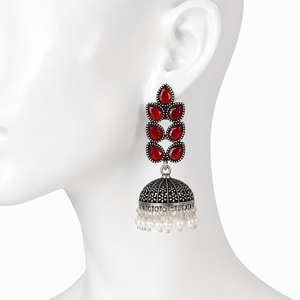 Luxury Oxidized Crystal Jhumka <b>Earrings</b> with Pearl | Vintage Floral Teardrop Statement <b>Earrings</b> | Ethnic Bridal Jewelry - Product Image 1
