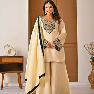 Ensemble haut et bas moderne en soie romaine lourde à séchage rapide, style soirée, avec dupatta brodé/travaux de diamants pour femme, toutes saisons - Product Image 1