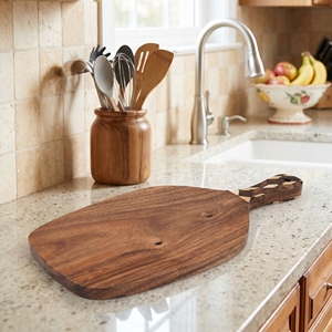Food Grade Suar Wood Serving Board With Coconut <b>Shell</b> Dark And White Inlay Handle <b>Light</b> Brown For Kitchen Decor And Artisan Home - Product Image 3