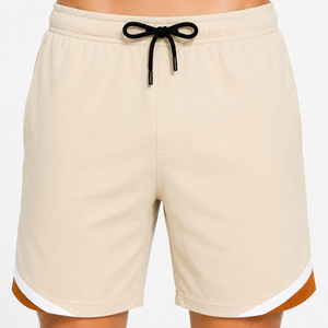 FASMIC Men Streetwear Casual T-Shirt Shorts <b>Set</b> Beige Polyester <b>Knitted</b> Breathable Summer Wear Crew Neck Digital Printed Solid - Product Image 4