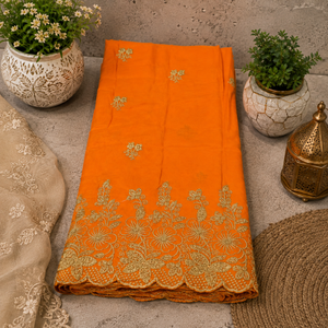 Tela de algodón voile sudanés naranja |   Tela Africana Bordada 100% Algodón con Diseños Florales para Vestidos de Mujer, Ropa para Eid - Product Image 1