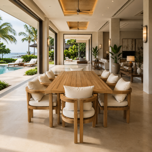 Juego de Mesa de Comedor de Madera de Teca Sólida Moderna para Exteriores con Sillas Tapizadas, Muebles de Lujo para Jardín, Patio, Villa o Resort - Product Image 1