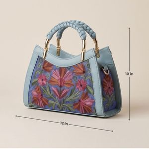 Bolso de Mano Étnico Kashmiri con Bordado Crewel, Color Verde Salvia con Flores Multicolores - Product Image 4