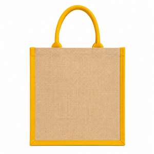Sac de courses en jute AMANI avec poignée longue, bordure jaune, option logo personnalisé, taille moyenne, pour les courses et les cadeaux - Product Image 3
