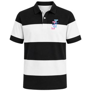 Black White Contrast Stripe Polo <b>Shirt</b> Short Sleeve Color Block with JJ Logo Embroidery for Men Casual Sportswear Sports Club - Product Image 1