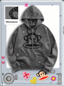 Sudadera con Capucha Unisex con Pedrería, Diseño de Mono de Dibujos Animados, Estilo Urbano Holgado, de Forro Polar Gris, para Otoño - Product Image 1