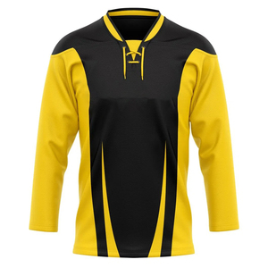 Custom <b>Men's</b> Ice Hockey Jersey Yellow <b>Black</b> Mesh Three Quarter Sleeve V-Neck <b>Tie</b> Closure Breathable Sportswear - Product Image 1
