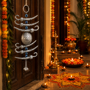 Décoration de porte principale en argent allemand avec pendentif Nimbu Mirchi, perles anti-mal et clochettes décoratives pour l'entrée de la maison - Product Image 5