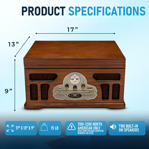 All-in-One Vintage Record Player Turntable with Bluetooth, CD Player, Cassette Tape, AM/FM Radio, <b>USB</b> Playback, Built-in Stereo - Product Image 6