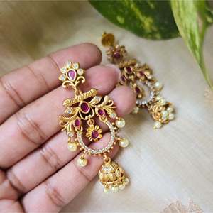 Gold Plated Pearl Stud Drop Earrings-Vintage Religious Geometric Heart Design - Product Image 2