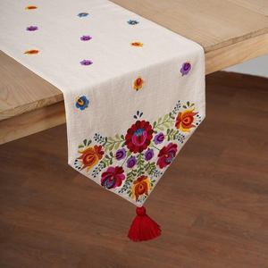 Chemin de table bohème floral tissé et brodé personnalisable en coton et lin, 13x72 pouces, fait main avec perles en bois et pompons, style rustique vintage - Product Image 1