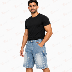 Men's High Waist Distressed Denim Cargo <b>Shorts</b> With Pockets Summer Casual Style Ripped <b>Woven</b> Fabric Light Blue Color <b>Shorts</b> - Product Image 2