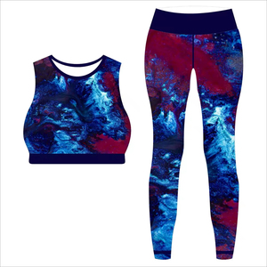 Sublimated Cropped Yoga Tank with Solid Compression Footed <b>Leggings</b> Breathable Drawstring Closure 2-Piece Set for <b>Women</b> Red - Product Image 1